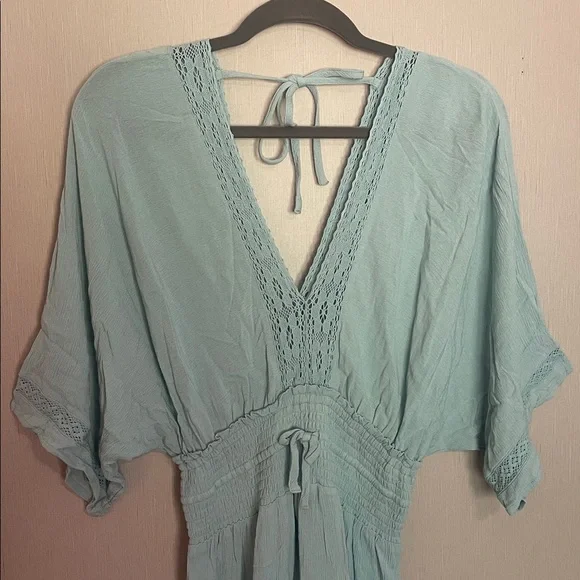 Lovestitch small blue lace crochet smocked dress rayon v neck tie back - Picture 3 of 8